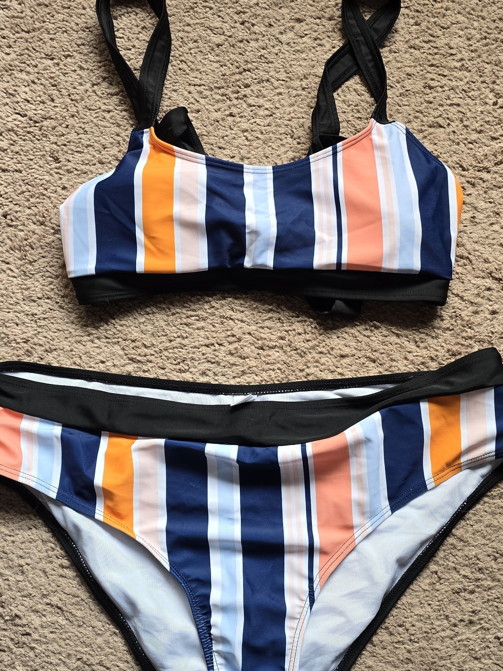 Striped Two-Piece Bikini in Navy, Coral & Orange